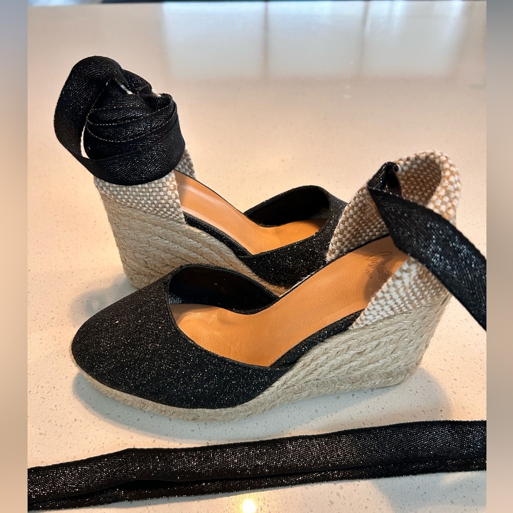 CASTAÑER Carina Canvas Wedge Sandal Black Glitter